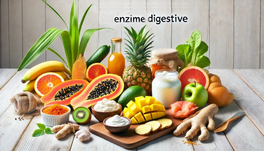 Un aranjament vibrant cu alimente naturale bogate în enzime digestive, cum ar fi papaya, ananas și ghimbir, pe o masă din lemn