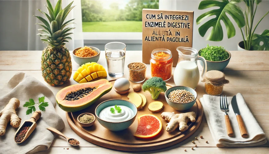 O masă sănătoasă pe o masă din lemn, cu surse naturale de enzime digestive precum papaya, ananas, ghimbir și alimente fermentate, cum ar fi iaurtul și kimchi.