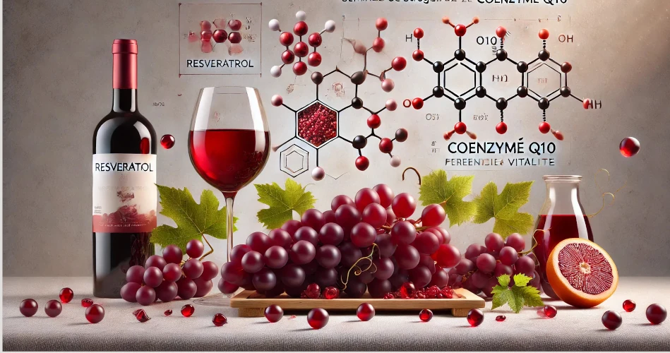 O combinație de struguri roșii, semințe de struguri, un pahar de vin roșu și o reprezentare vizuală a Coenzimei Q10, simbolizând antioxidanții naturali și beneficiile lor pentru energie și vitalitate