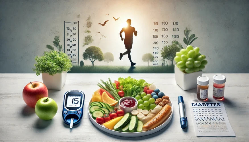 Imagine reprezentând prevenirea diabetului și a prediabetului, cu un platou de alimente sănătoase, un monitor de glucoză, și o siluetă de persoană activă jogging într-un parc.